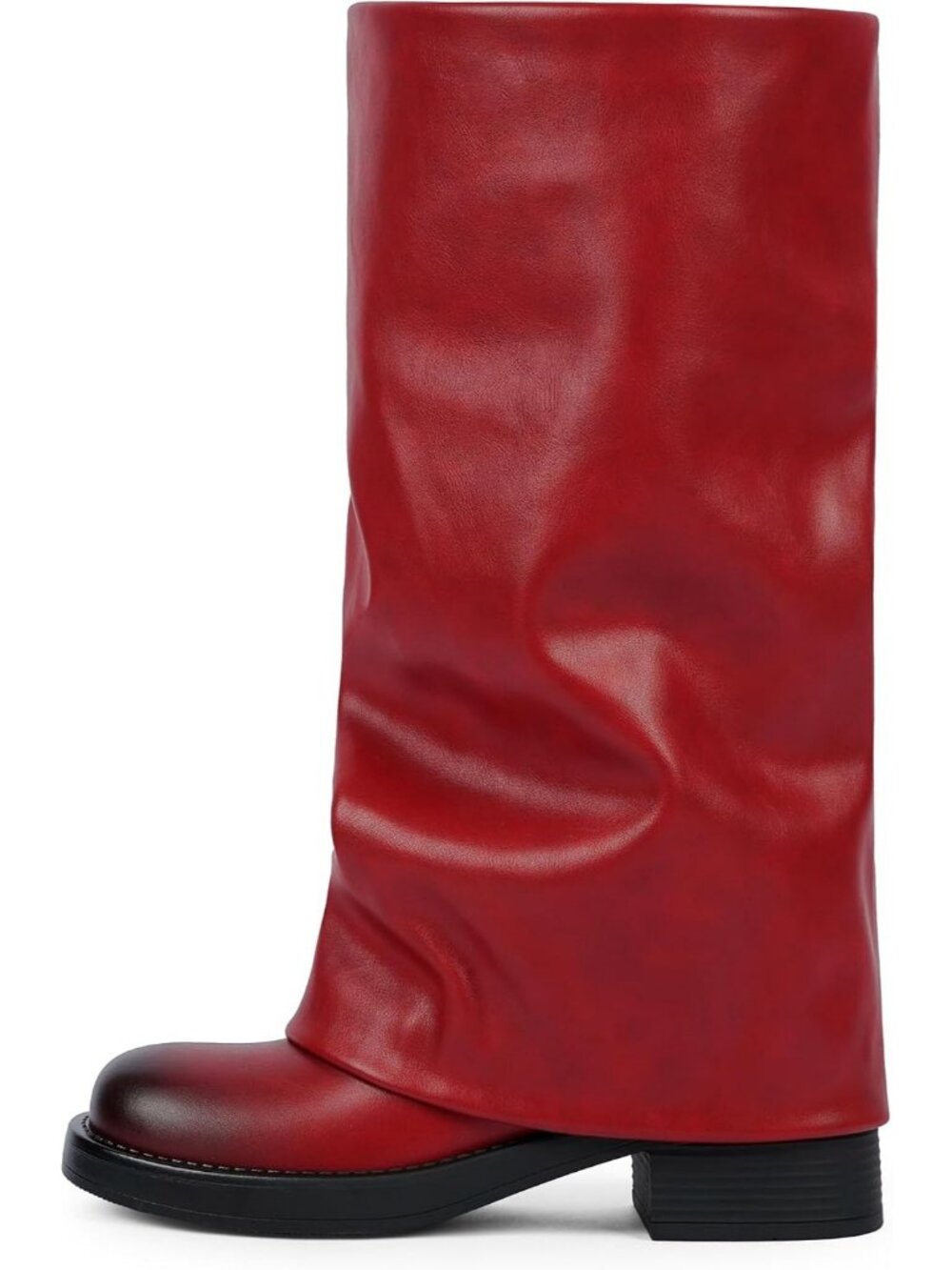 Women's Red Chunky High Heels Long Zipper Pointed Toe Fold Over Knee High Boot